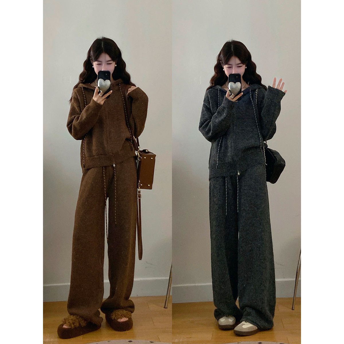 三只老熊秋冬新款慵懒风针织宽松时尚百搭长袖休闲裤显瘦两件套