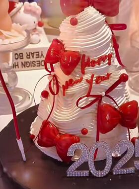 2025可爱红色蝴蝶结新年蛋糕装饰摆件合金满钻数字插排曲线蜡烛棒