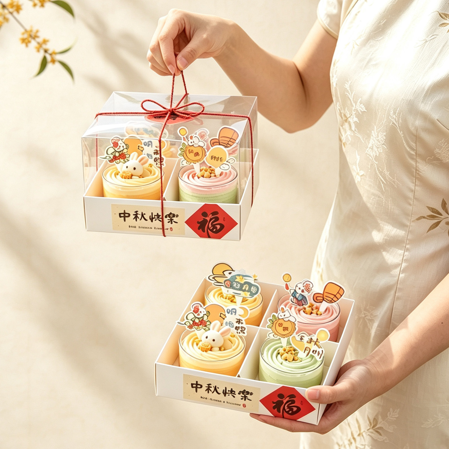2026中秋节四宫格甜品盒蛋糕装饰