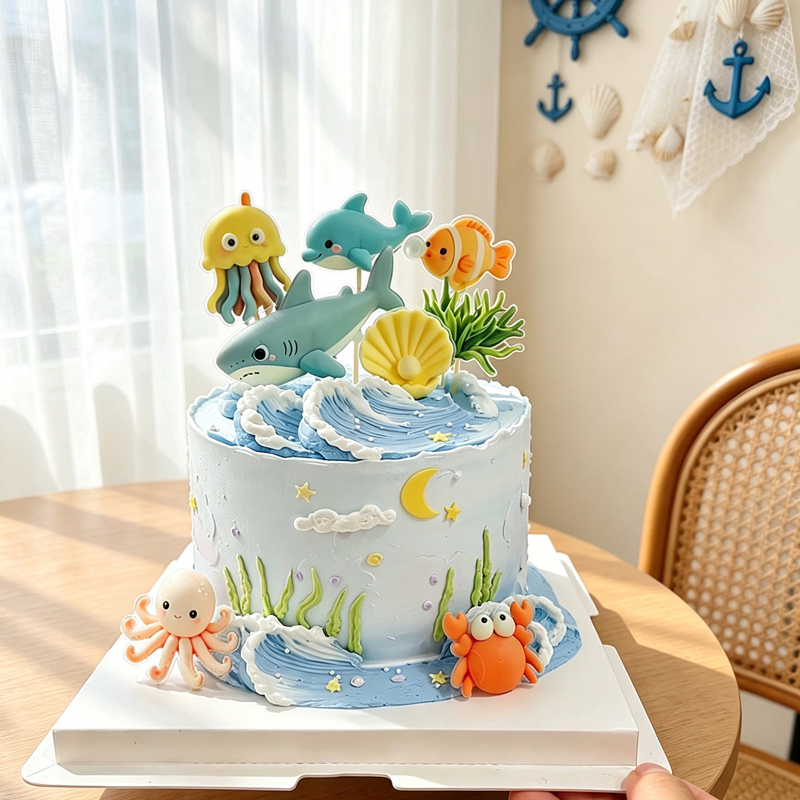 鲨鱼海豚海洋主题生日蛋糕装饰