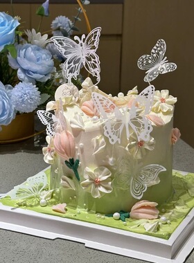 简约唯美白色系炫彩黑色蝴蝶蛋糕装饰品女神女孩生日情人节蛋糕