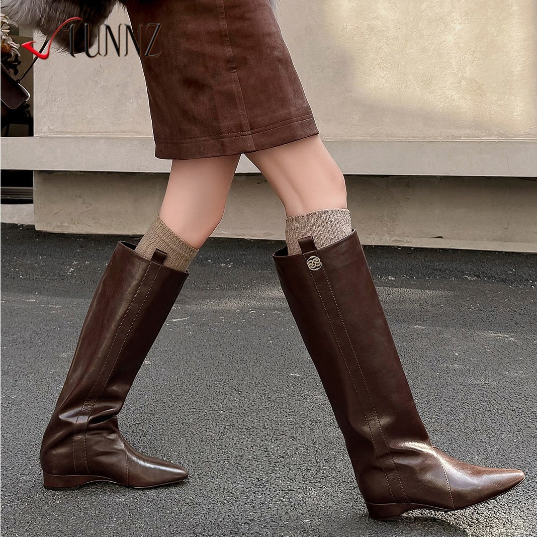 hunnz真皮法式尖头骑士靴女2025年新冬季时髦宽筒白色长筒靴女,女鞋,时装靴,淘宝优惠券,粉丝福利购,淘宝优惠卷
