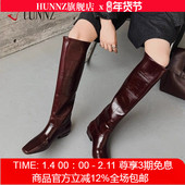 方头竹节纹粗跟高筒长靴波尔多红真皮一脚蹬大筒围骑士靴女