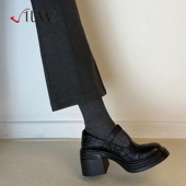 hunnz法式 复古单鞋 圆头厚底高跟玛丽珍鞋 女粗跟浅口增高小皮鞋