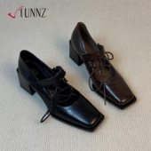 hunnz复古风方头粗跟玛丽珍鞋 一字带系带百搭气质高跟浅口单鞋