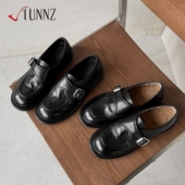 英伦风皮带扣真皮乐福鞋 百搭复古小皮鞋 女款 粗跟加绒保暖单鞋