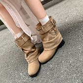 hunnz巨好看 显瘦圆头卡其色西部褶皱堆堆靴裤 管靴女平底短靴