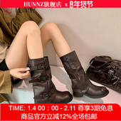 hunnz7cm内增高 西部骑士靴皮带扣骑士靴女中长筒中筒堆堆裤 管靴