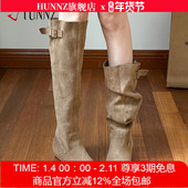 hunnz超火绝美长靴不过膝麂皮尖头骑士靴女夏季 薄款 显瘦堆堆靴