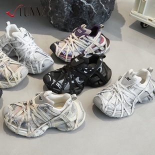 女蜘蛛绑带一脚蹬厚底增高休闲炸街运动情侣鞋 2025春夏新款 老爹鞋