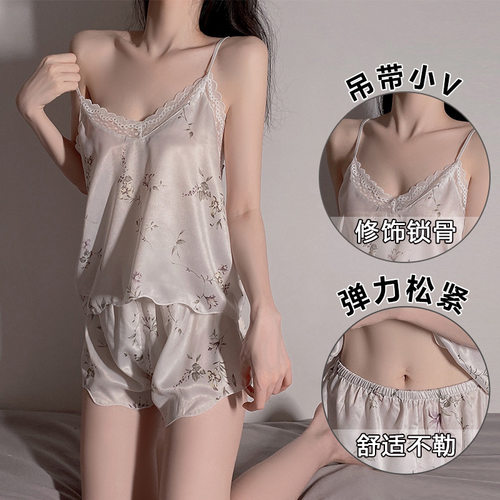 性感睡衣女夏季薄款甜美蕾丝纯欲冰丝吊带背心短裤家居服两件套装