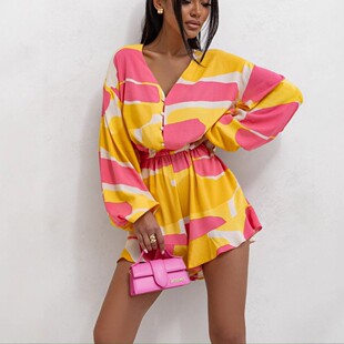 欧美性感深V领荷叶边碎花长袖连衣裙裤女度假风收腰显瘦连体短款