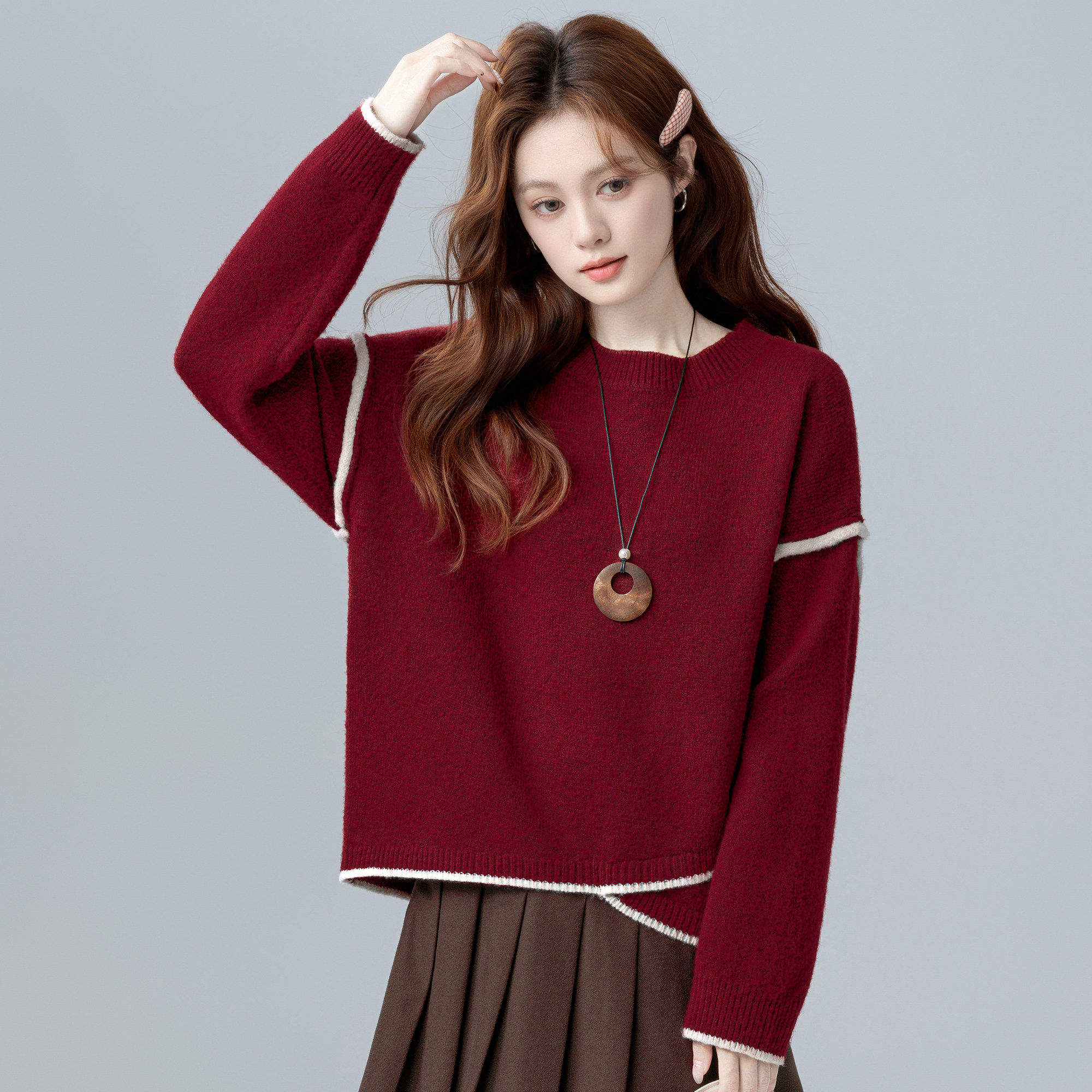 小众不规则红色圆领长袖套头毛衣女2025秋冬新款短款针织内搭上衣,个性定制/设计服务/DIY,棉服工装,淘宝优惠券,粉丝福利购,淘宝优惠卷