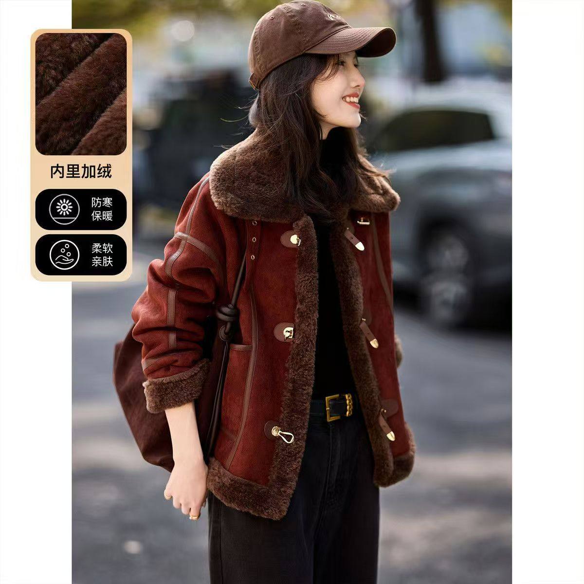 安克拉红时尚保暖女外套仿羊羔毛皮草短外套拼接毛领加厚机车服