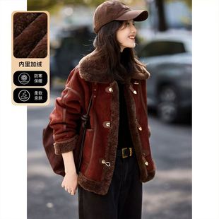 安克拉红时尚保暖女外套仿羊羔毛皮草短外套拼接毛领加厚机车服