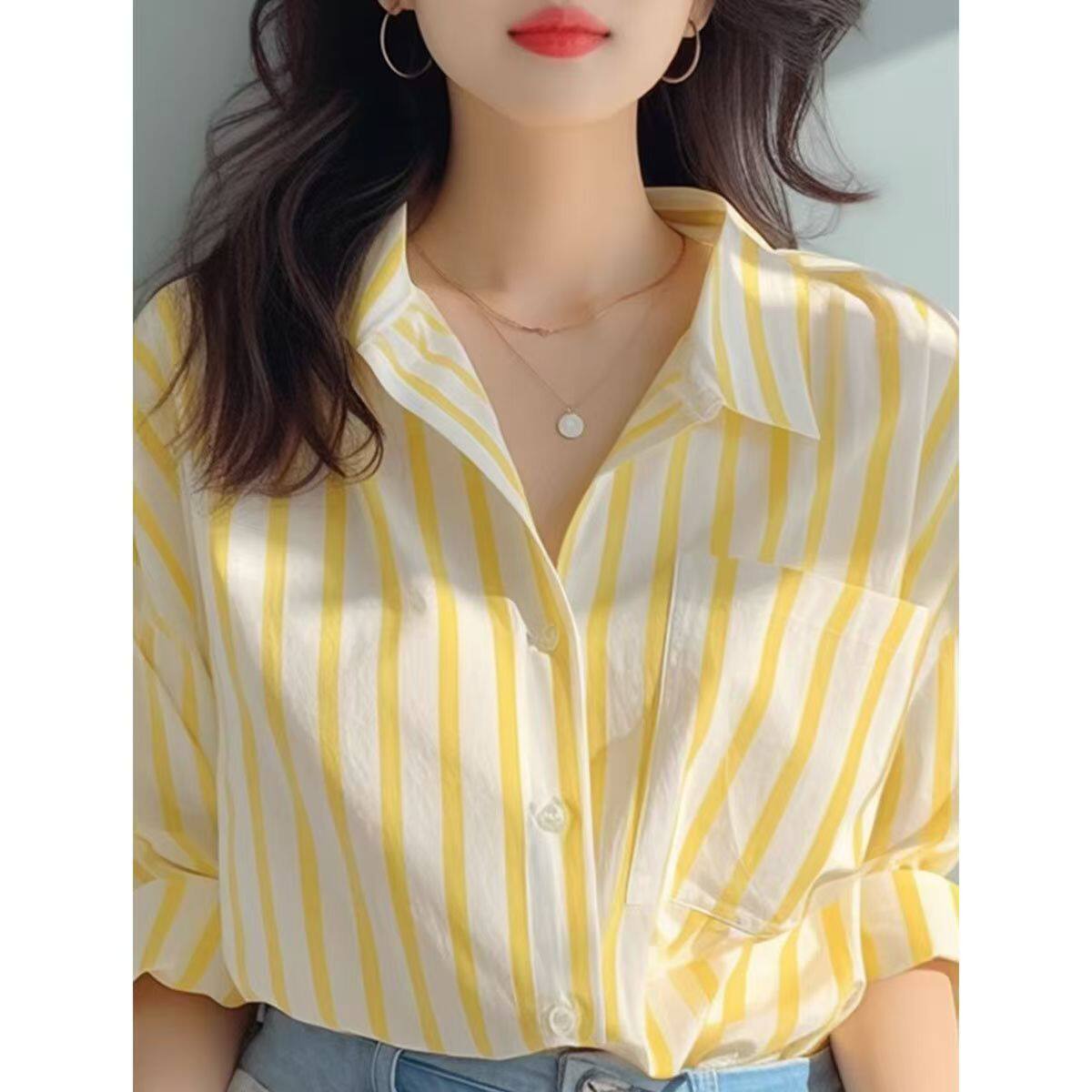 洋气减龄竖条纹衬衫女黄白色上衣