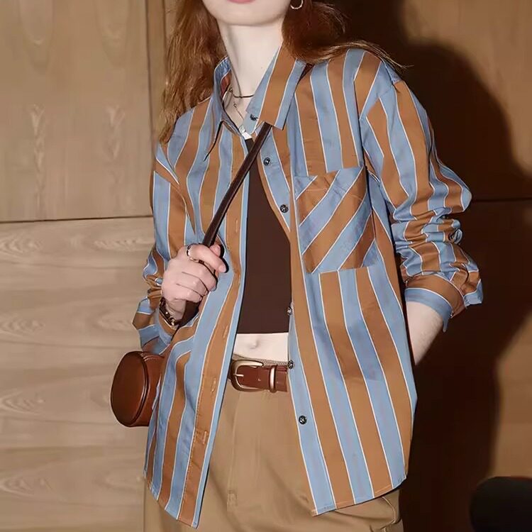 撞色复古长袖气质百搭衬衣女2025夏季新款时尚宽松薄款竖条纹衬衫