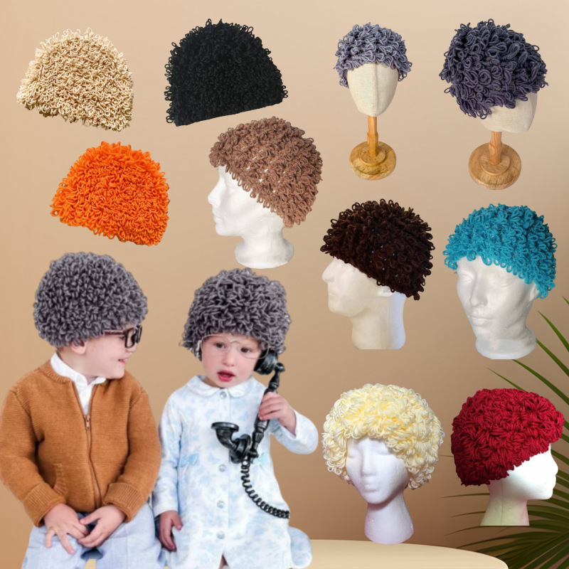 搞怪儿童假发毛线帽子卷发泡面帽