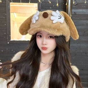 可爱小狗耳朵毛绒贝雷帽女卡通手掌八角帽学生秋冬保暖蓓蕾帽拍照