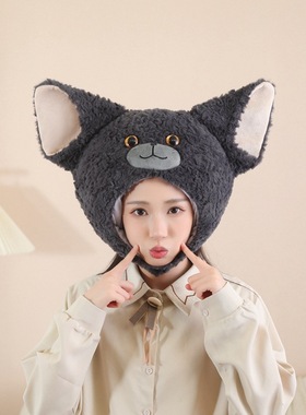 日系少女心灰色卷毛猫头套帽子卡通动物猫咪装扮服饰搞怪拍照道具