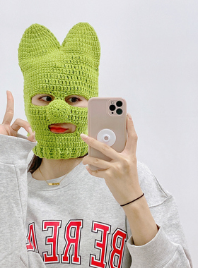 搞怪针织绿色帽搞怪卡通毛钱沙雕礼物创意手工头套纯手工帽子潮女