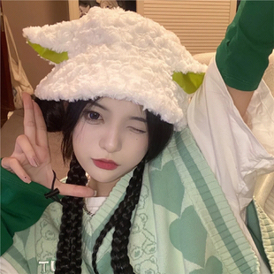可爱小羊耳朵帽子女秋冬保暖毛绒套头帽羊了个羊渔夫帽盆帽显脸小