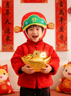 可爱搞怪发财头套帽子新年红色喜庆财神爷头饰品儿童春节拍照道具