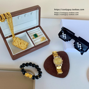 夸张霸气仿黄金大龙牌金链子土豪假金手表金项链宝石戒指直播道具