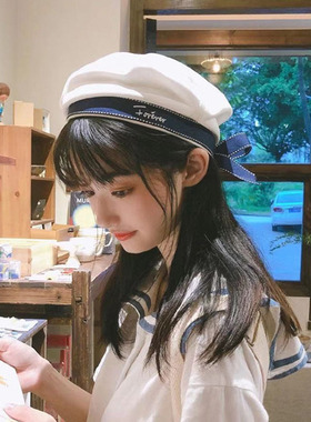 日系可爱jk少女白色海军帽学生字母蝴蝶结水手帽画家帽贝雷帽子夏