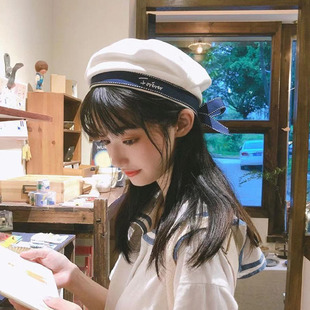 日系可爱jk少女白色海军帽学生字母蝴蝶结水手帽画家帽贝雷帽子夏
