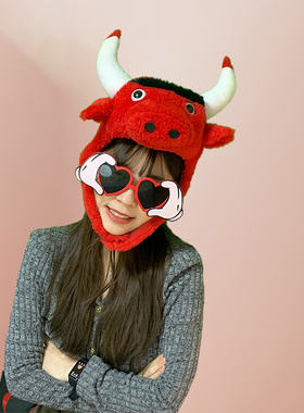 搞怪红色牛头套帽子卡通动物螃蟹章鱼头饰女可爱网红拍照沙雕道具