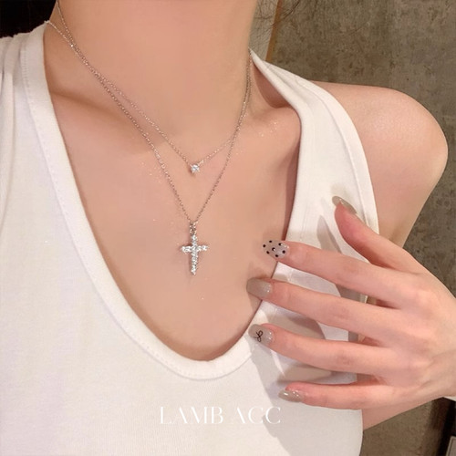 LAMB ACC 时髦叠戴 钛钢不掉色闪锆鼻屎单钻锁骨链十字架项链配饰