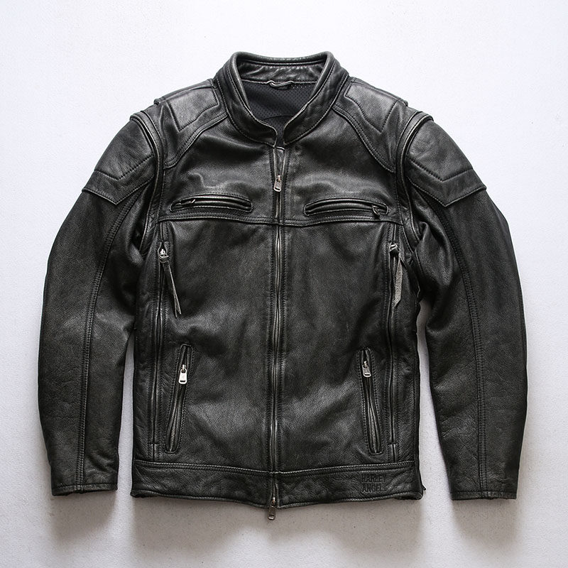 HARLEY ANGEL可拆卸袖真皮皮衣男立领做旧哈雷机车头层牛皮夹克