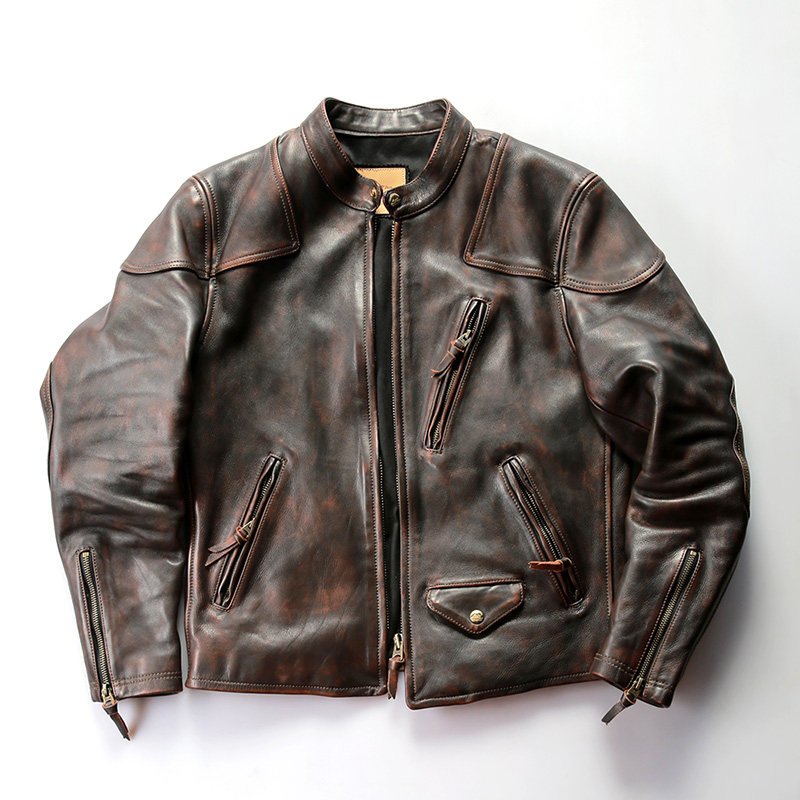 复刻RL毒液真皮夹克男立领重水洗头层原皮复古做旧机车黄牛皮夹克