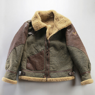 绵羊皮真皮飞行服真皮夹克男外套巴顿将军B3做旧皮毛一体