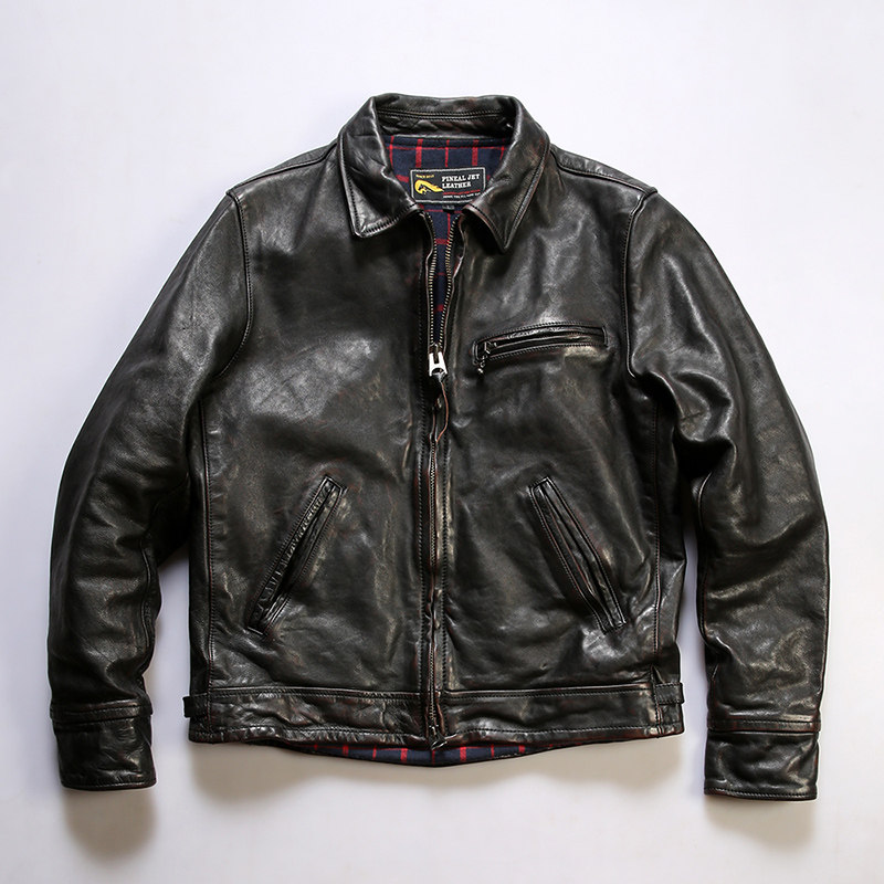 男士水洗褶皱植鞣翻领牛皮皮衣