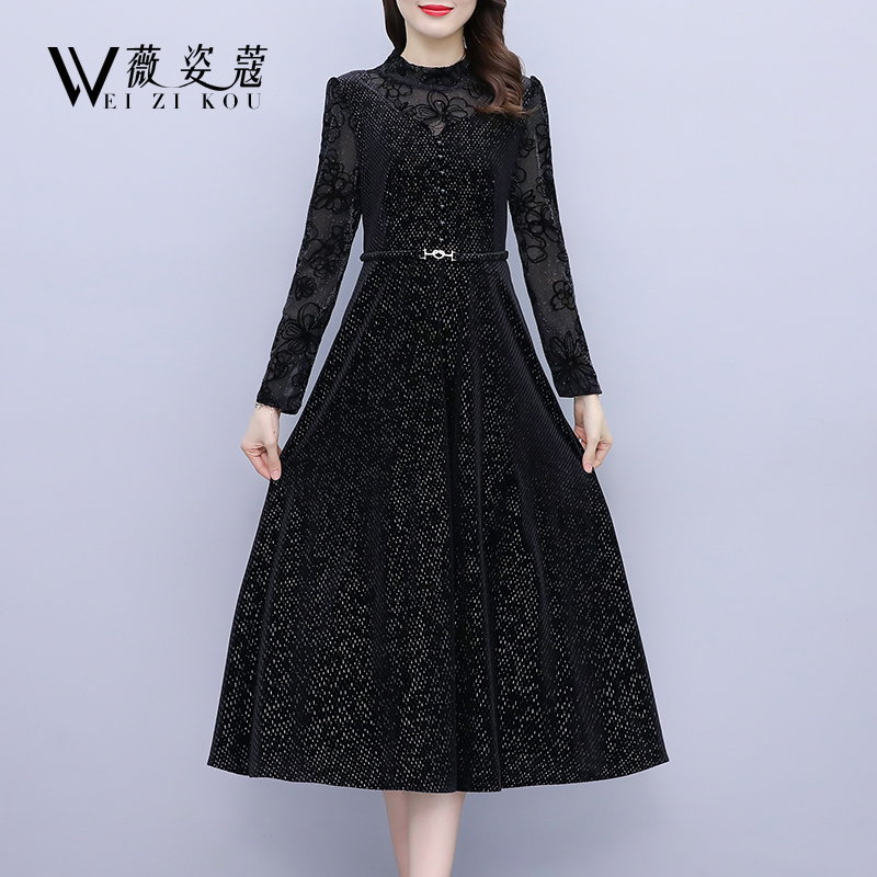 秋冬连衣裙2021年新款女装高贵洋气修身显瘦打底金丝绒中长款裙子