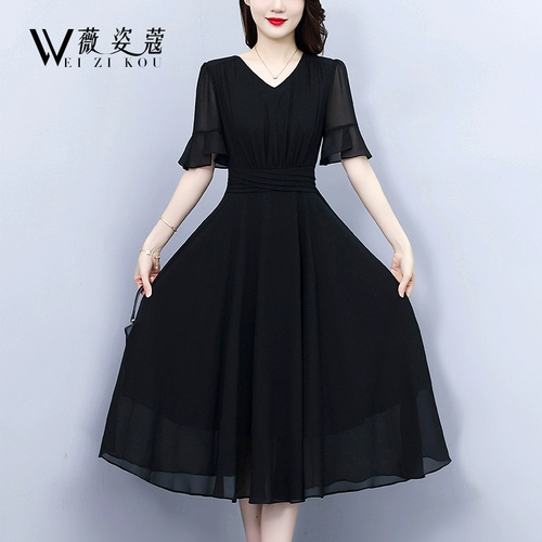 Черное шифоновое платье, элитная изысканная длинная юбка, изысканный стиль, яркий броский стиль, средней длины