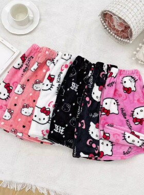 复古欧美甜美辣妹kitty阔腿短裤女可爱睡裤家居裤法兰绒卡通KT猫