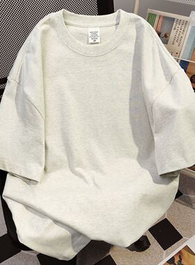 重磅纯棉美式简约白灰色基础款短袖t恤女夏季宽松百搭情侣上衣服