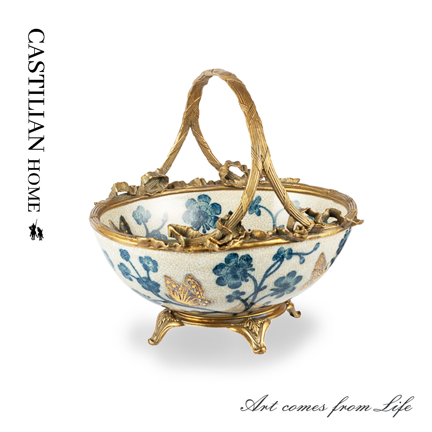 新中式轻奢青花提篮果桌面摆件