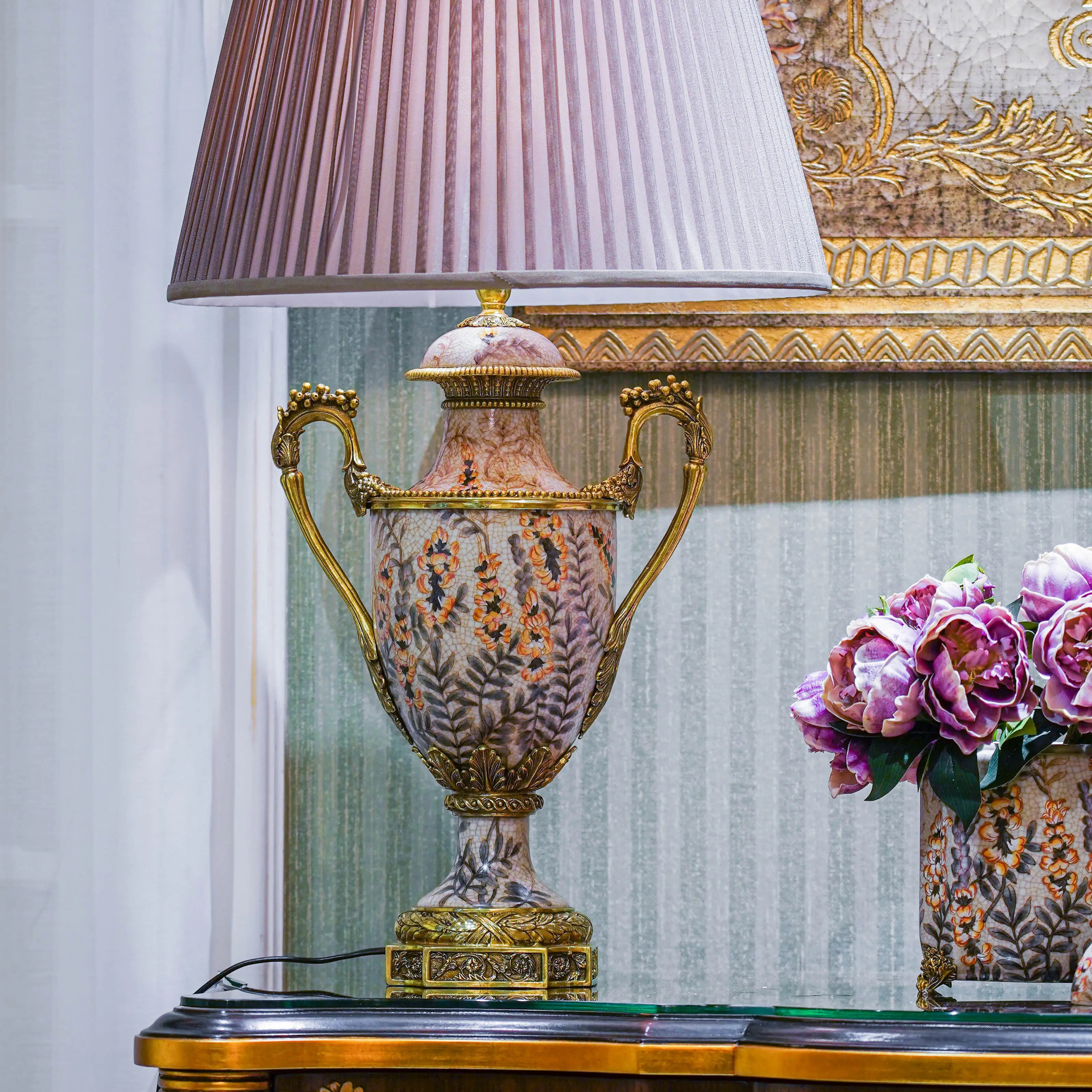 欧式美式复古铜配瓷收纳盒台灯