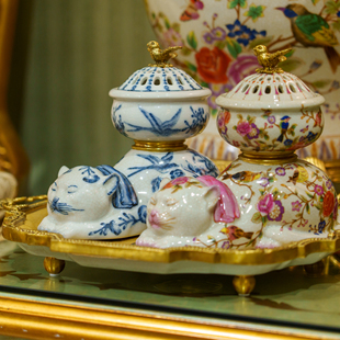 卡斯特兰欧式 香炉田园风青花瓷猫咪香炉客厅书房铜配瓷摆件C6122