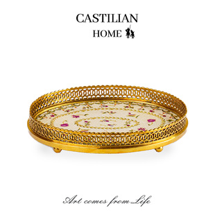 高档金色黄铜托盘客厅茶几餐桌茶盘香薰托盘收纳装 饰摆件C5969