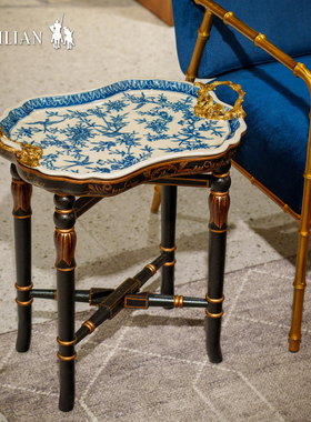 轻奢高级感陶瓷镶铜手绘青花几家用客厅书房角几边几桌托盘C5989