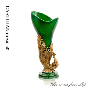 欧式奢华祖母绿孔雀花瓶摆件客厅插花高级感新中式玄关装饰C5565