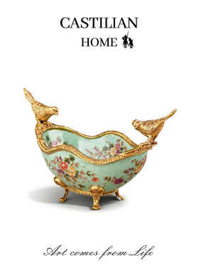 新年客厅摆件聚宝黄铜陶瓷元宝碗电视柜玄关钥匙收纳装饰品C5858