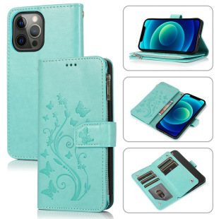 适用iPhone14 Pro压花多卡拉链手机皮套苹果14翻盖支架挂绳保护套