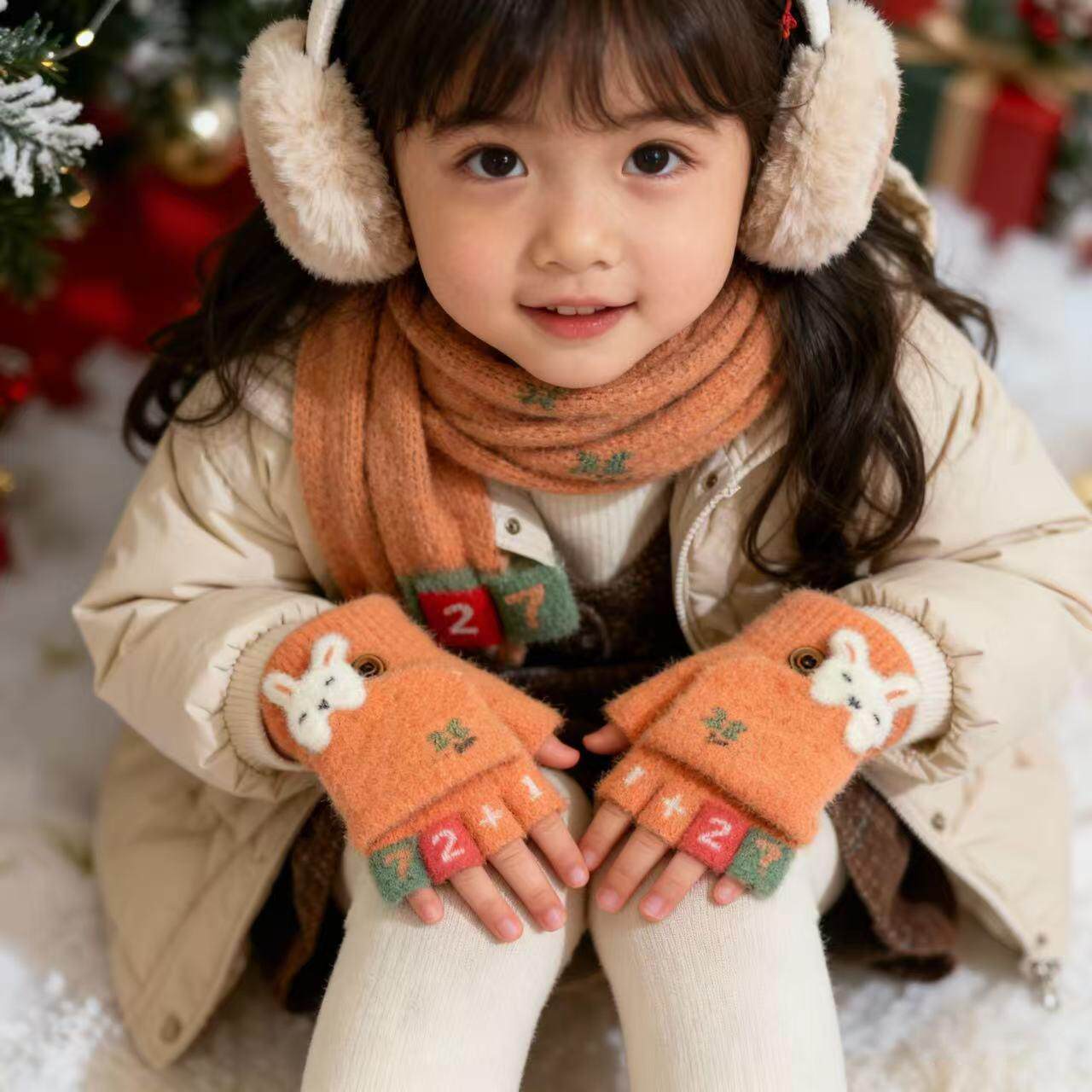 儿童秋冬季保暖手套可爱女童卡通翻盖男童幼儿园写字针织半指小孩