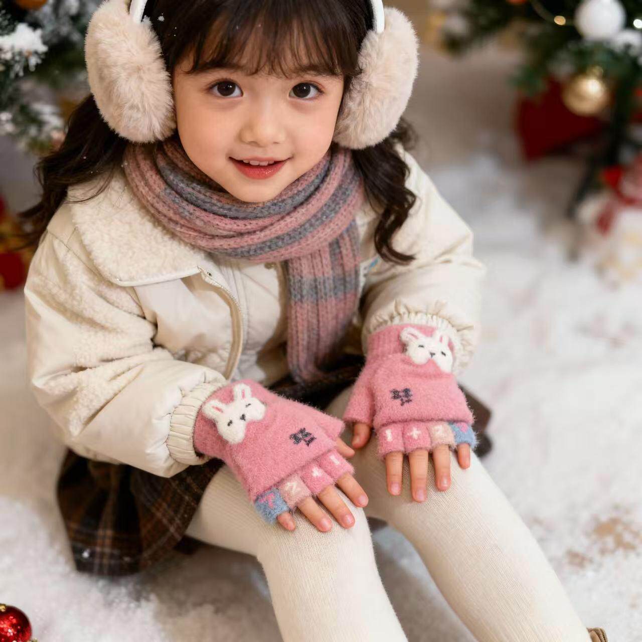 秋冬季可爱卡通儿童保暖手套写字半指翻盖针织手套男女宝宝小孩子